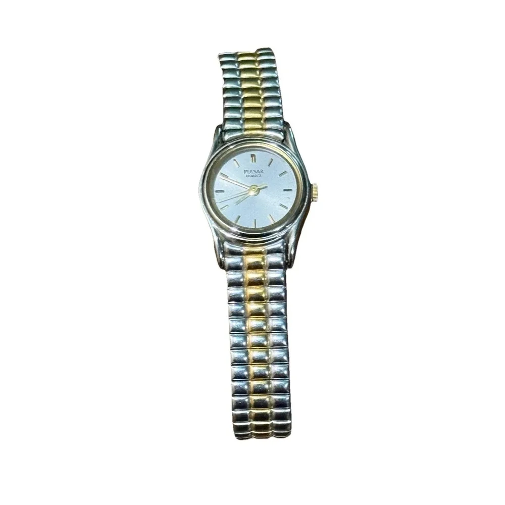 Vintage Pulsar Watch Women Gold Silver Dual Tone Round Date Stretch Need Battery